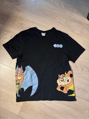 Warner Bros. Black Tee with Batman & Taz Cartoon Panels